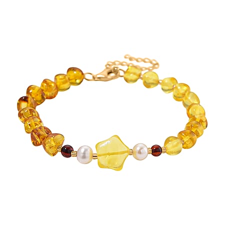 D'Joy Multi Colour Amber & White Fresh Water Pearl Bracelet (Size - 7.5 - 2 Ext) with Lobster Clasp in Yellow Gold Plating Sterling Silver 17.9 Ct.