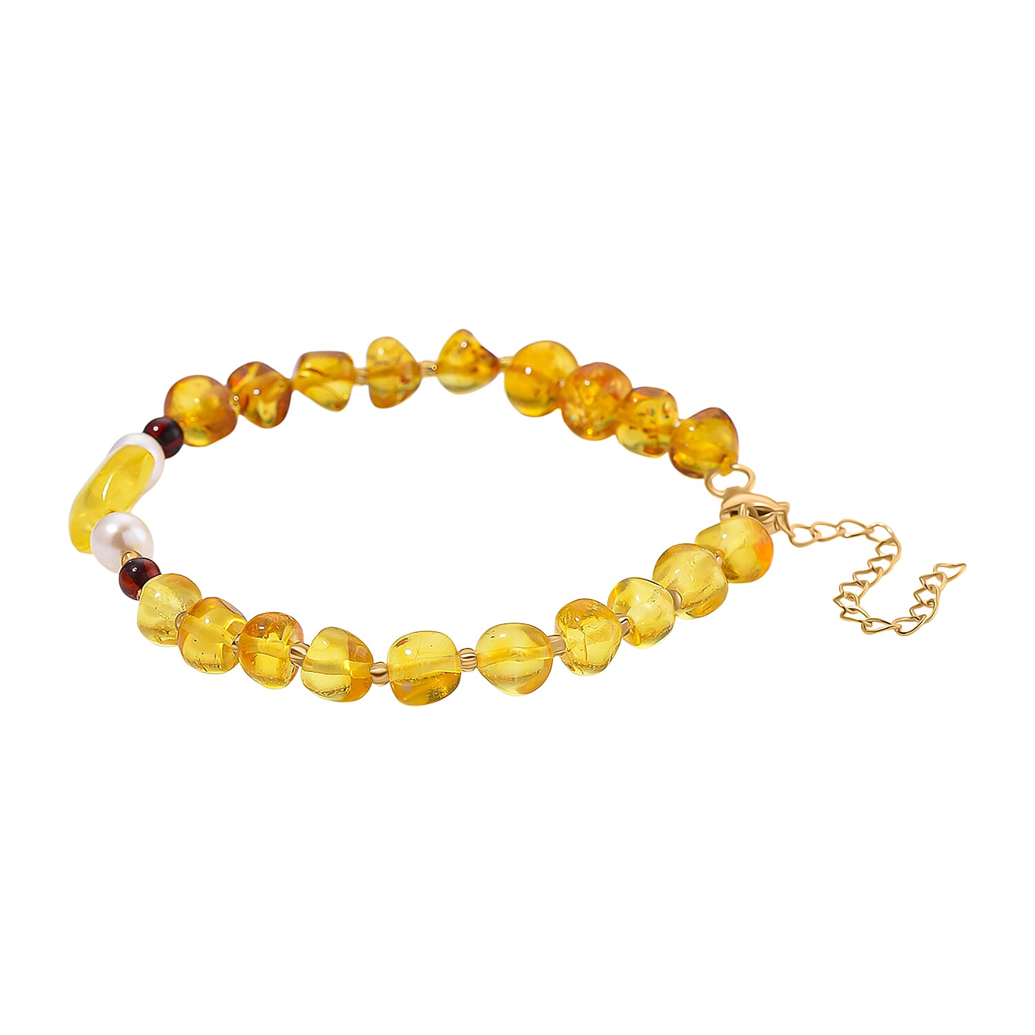 D'Joy Multi Colour Amber & White Fresh Water Pearl Bracelet (Size - 7.5 - 2 Ext) with Lobster Clasp in Yellow Gold Plating Sterling Silver 17.9 Ct.
