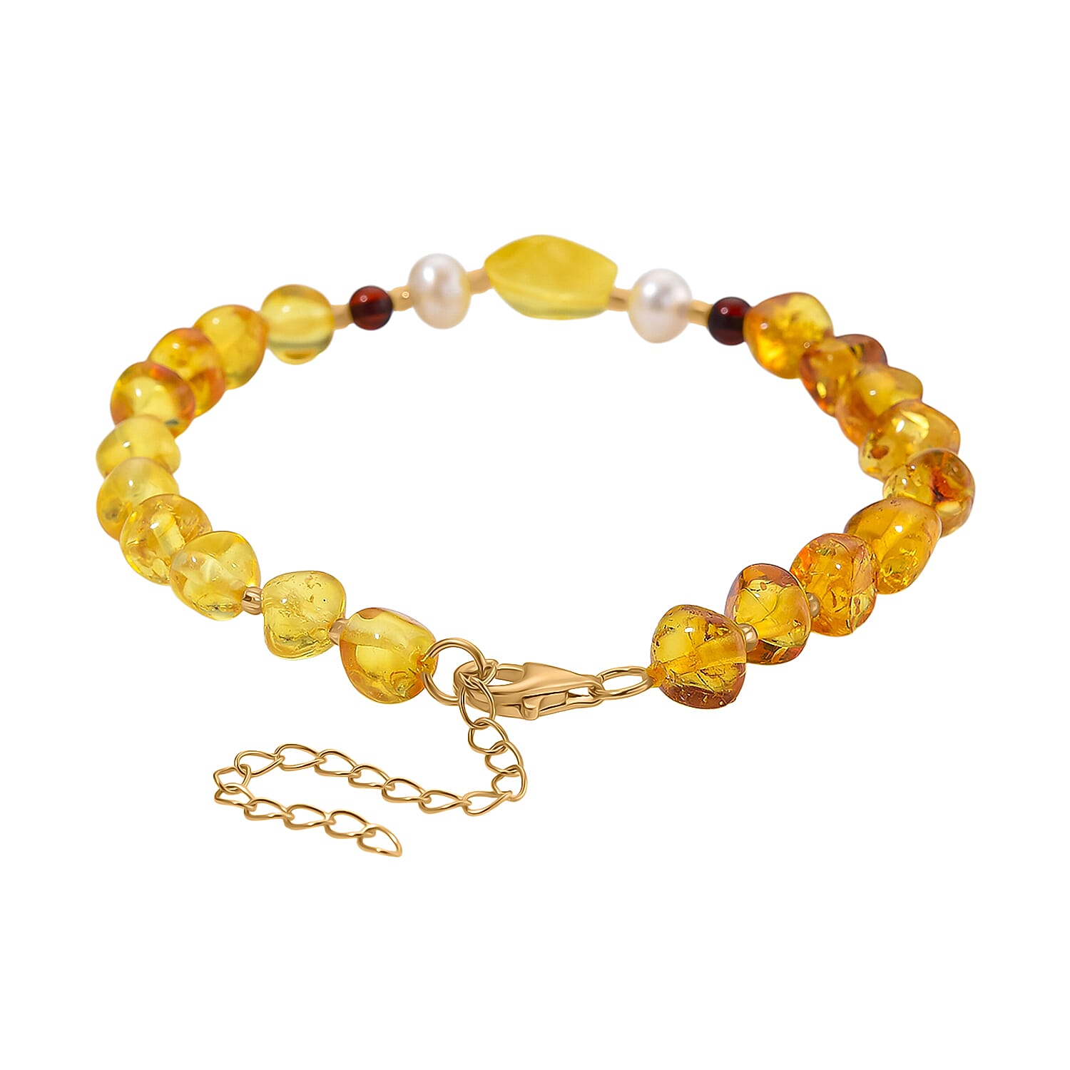 D'Joy Multi Colour Amber & White Fresh Water Pearl Bracelet (Size - 7.5 - 2 Ext) with Lobster Clasp in Yellow Gold Plating Sterling Silver 17.9 Ct.