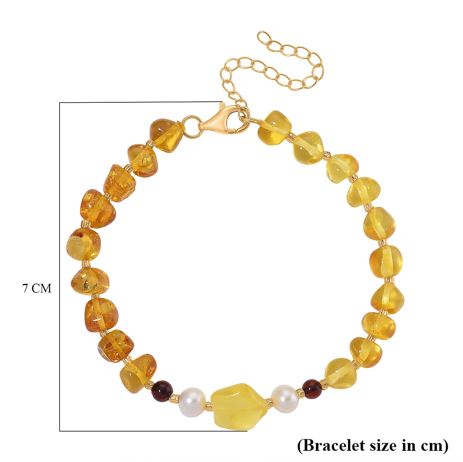 D'Joy Multi Colour Amber & White Fresh Water Pearl Bracelet (Size - 7.5 - 2 Ext) with Lobster Clasp in Yellow Gold Plating Sterling Silver 17.9 Ct.