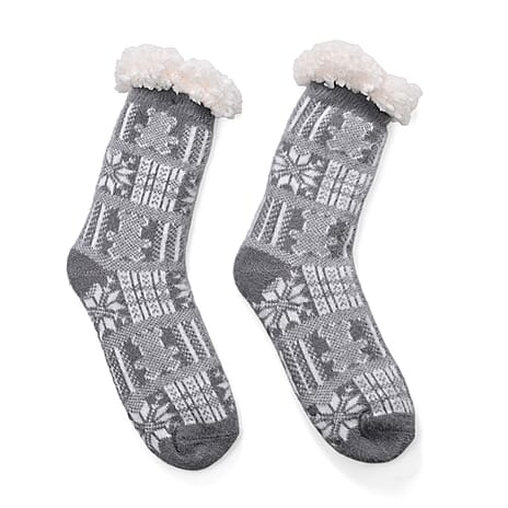 Snowflake Pattern Thick Warm Sherpa Socks - Grey