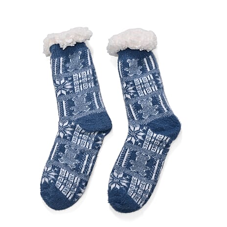 Christmas Snowman Design Warm Sherpa Socks - Blue