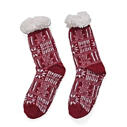 Christmas Snowman Design Warm Sherpa Socks -  Maroon