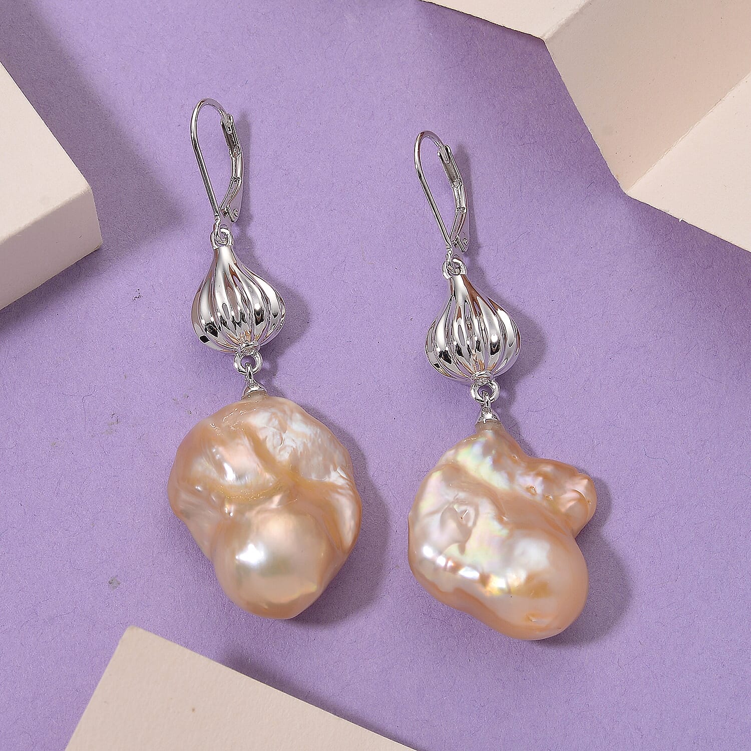 Peach Baroque Pearl Earring with Lever Back in Rhodium Overlay Sterling Silver 71.36 Ct.