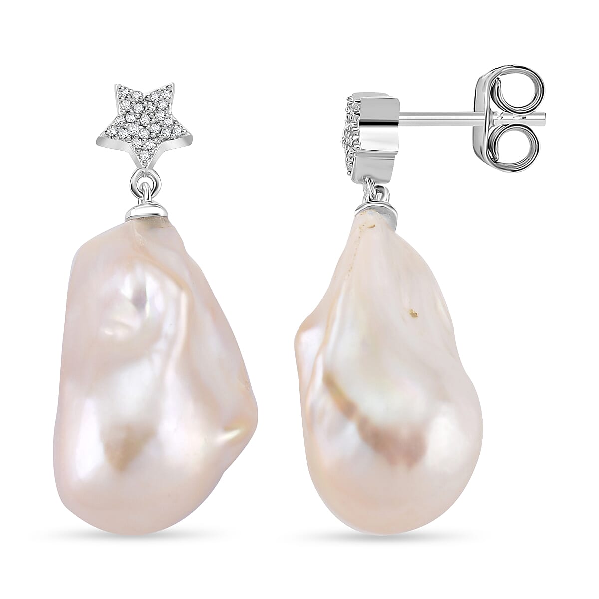 White Baroque Pearl & White Zircon Earring with Push Back in Rhodium Overlay Sterling Silver 75.46 Ct.