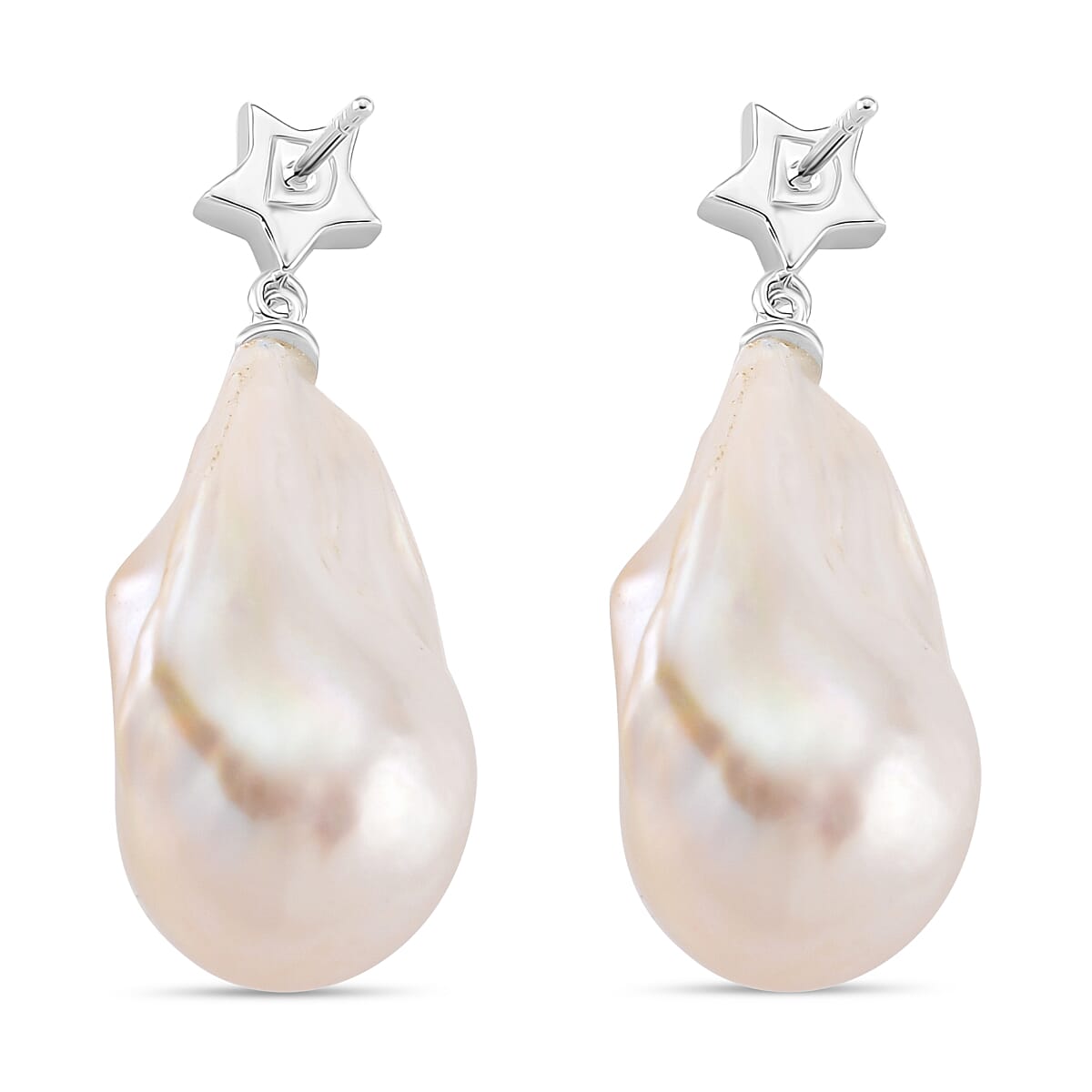 White Baroque Pearl & White Zircon Earring with Push Back in Rhodium Overlay Sterling Silver 75.46 Ct.
