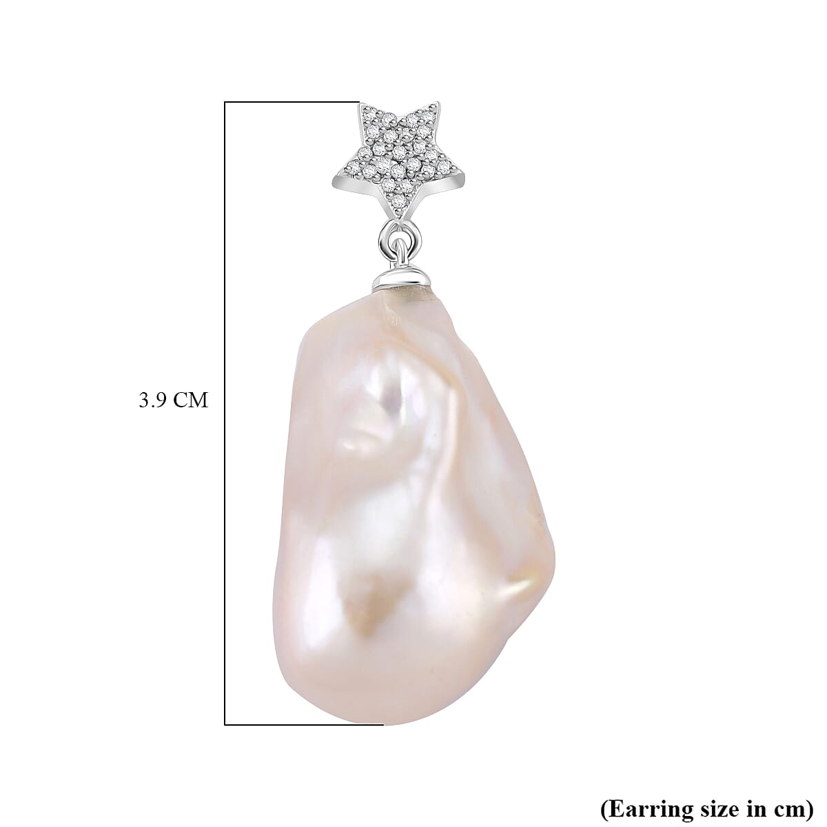 White Baroque Pearl & White Zircon Earring with Push Back in Rhodium Overlay Sterling Silver 75.46 Ct.