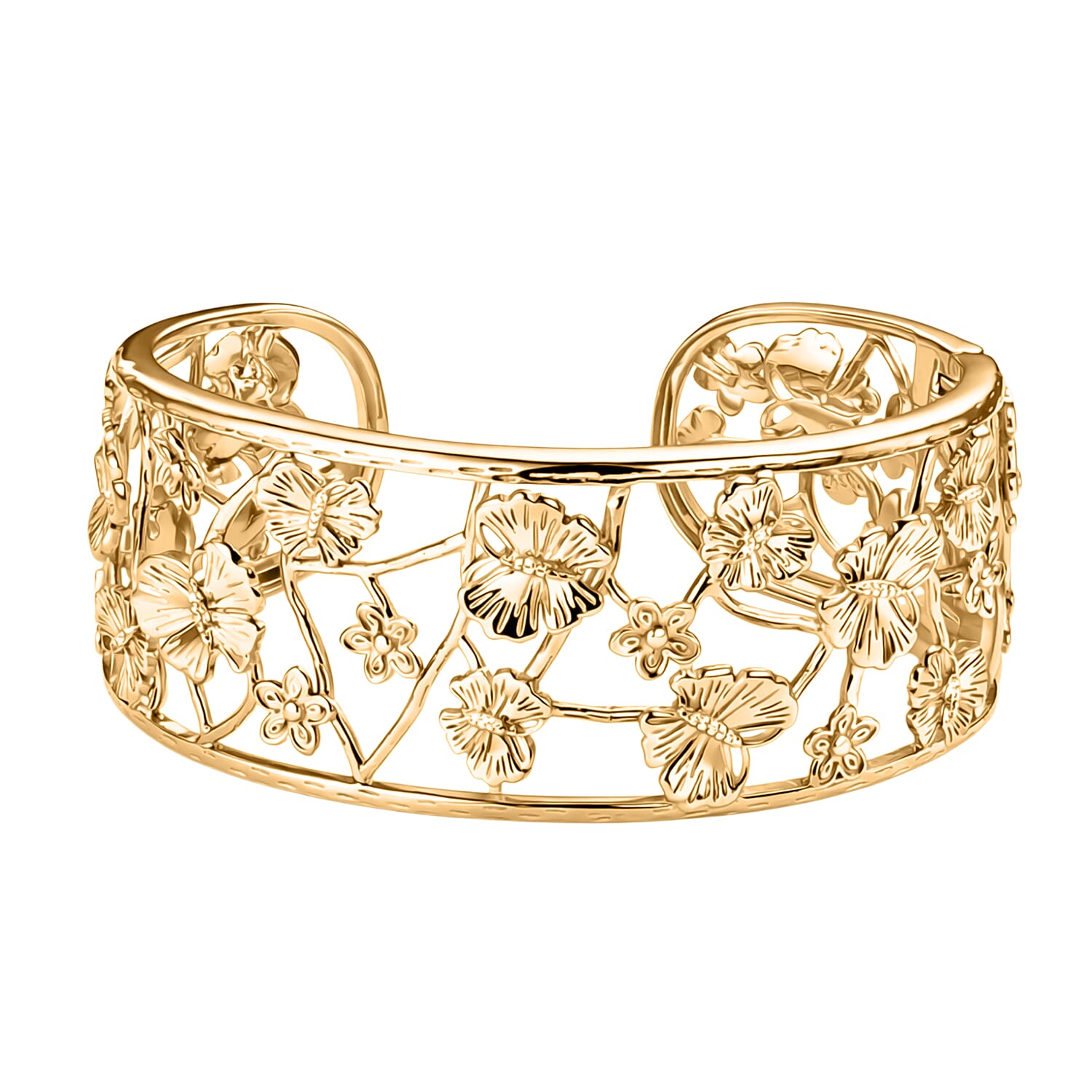 EverTrue Butterfly & Floral Openwork Cuff Bangle (Size - 7.5) in Yellow Gold Tone