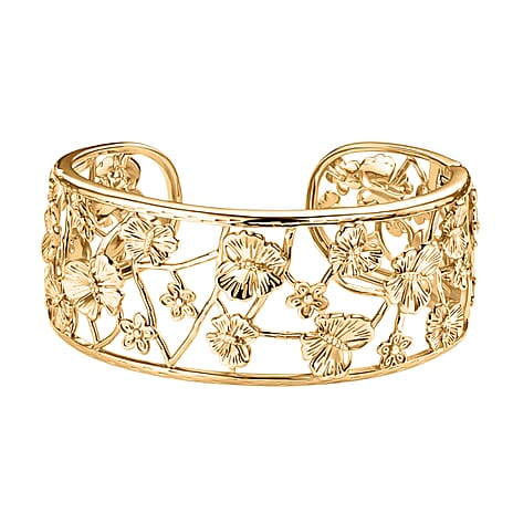 EverTrue Butterfly & Floral Openwork Cuff Bangle (Size - 7.5) in Yellow Gold Tone