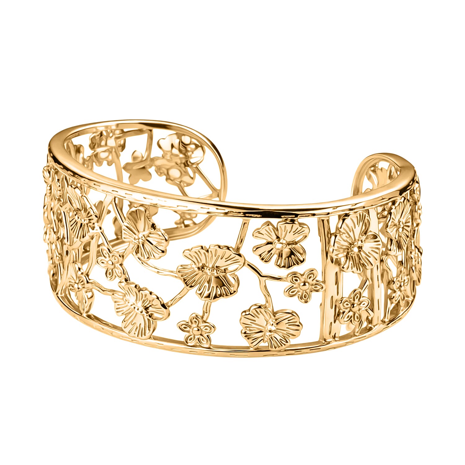EverTrue Butterfly & Floral Openwork Cuff Bangle (Size - 7.5) in Yellow Gold Tone