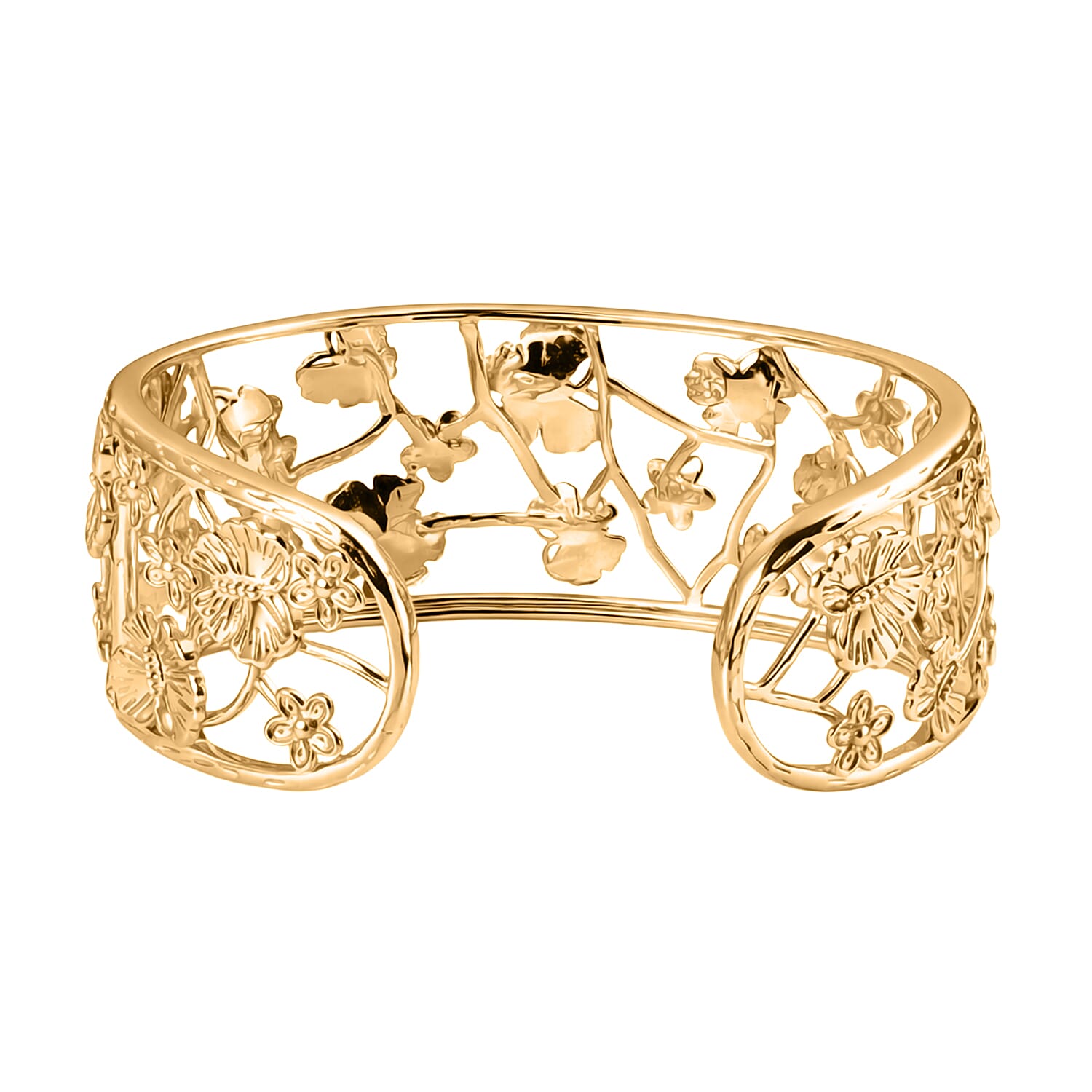 EverTrue Butterfly & Floral Openwork Cuff Bangle (Size - 7.5) in Yellow Gold Tone