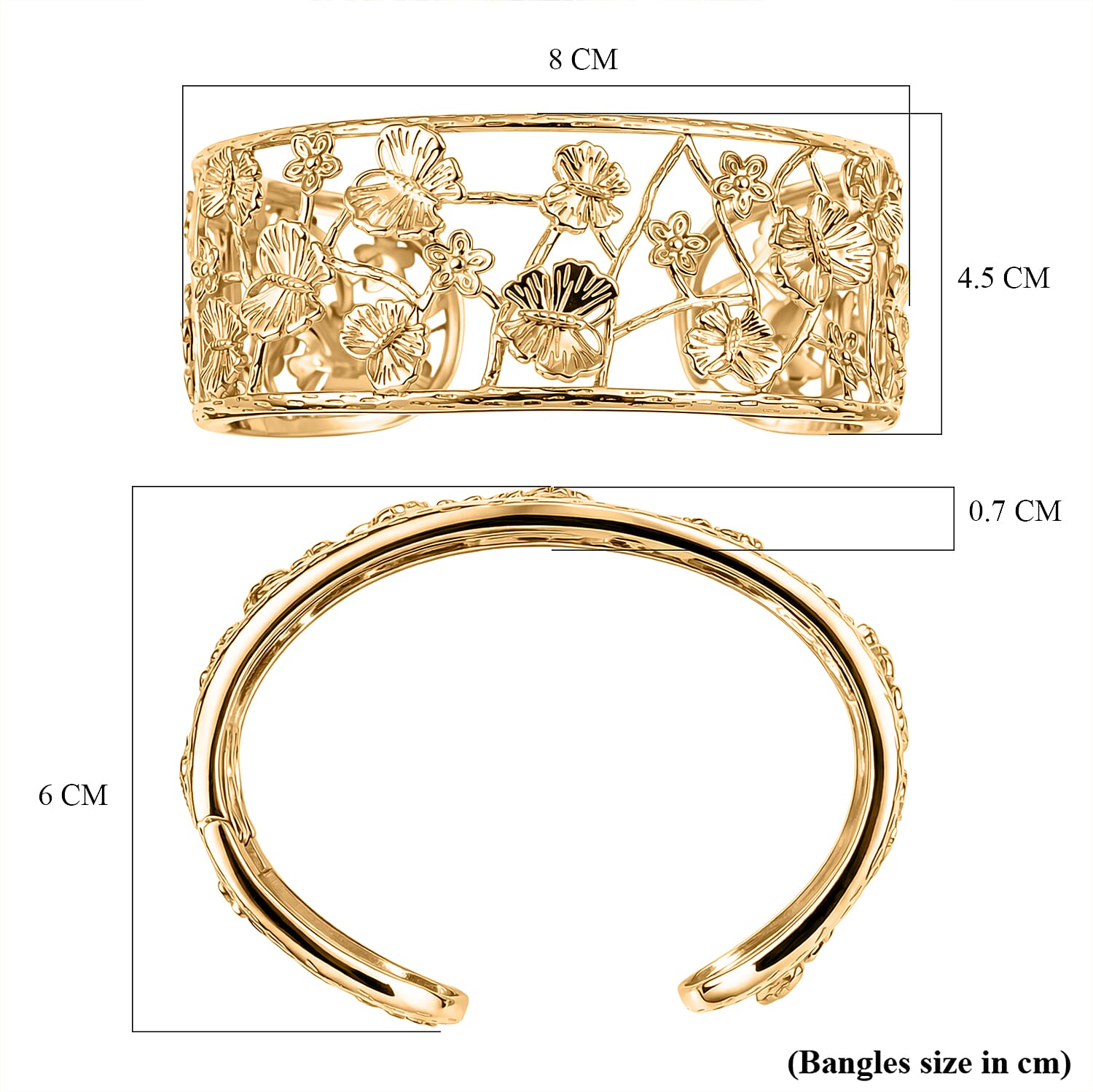EverTrue Butterfly & Floral Openwork Cuff Bangle (Size - 7.5) in Yellow Gold Tone