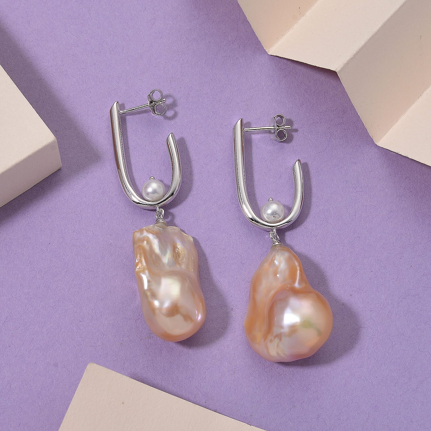Peach Baroque Pearl & White Fresh Water Pearl Earring with Push Back in Rhodium Overlay Sterling Silver 72.16 Ct.