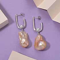 Peach Baroque Pearl, White Fresh Water Pearl Earring with Push Back in Rhodium Overlay Sterling Silver 72.16 Ct.