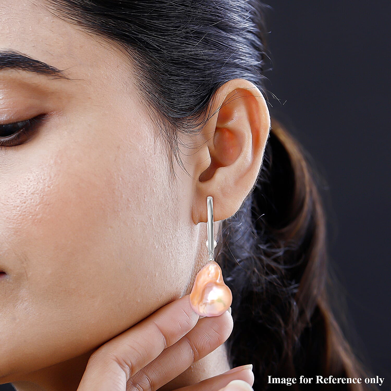 Peach Baroque Pearl & White Fresh Water Pearl Earring with Push Back in Rhodium Overlay Sterling Silver 72.16 Ct.