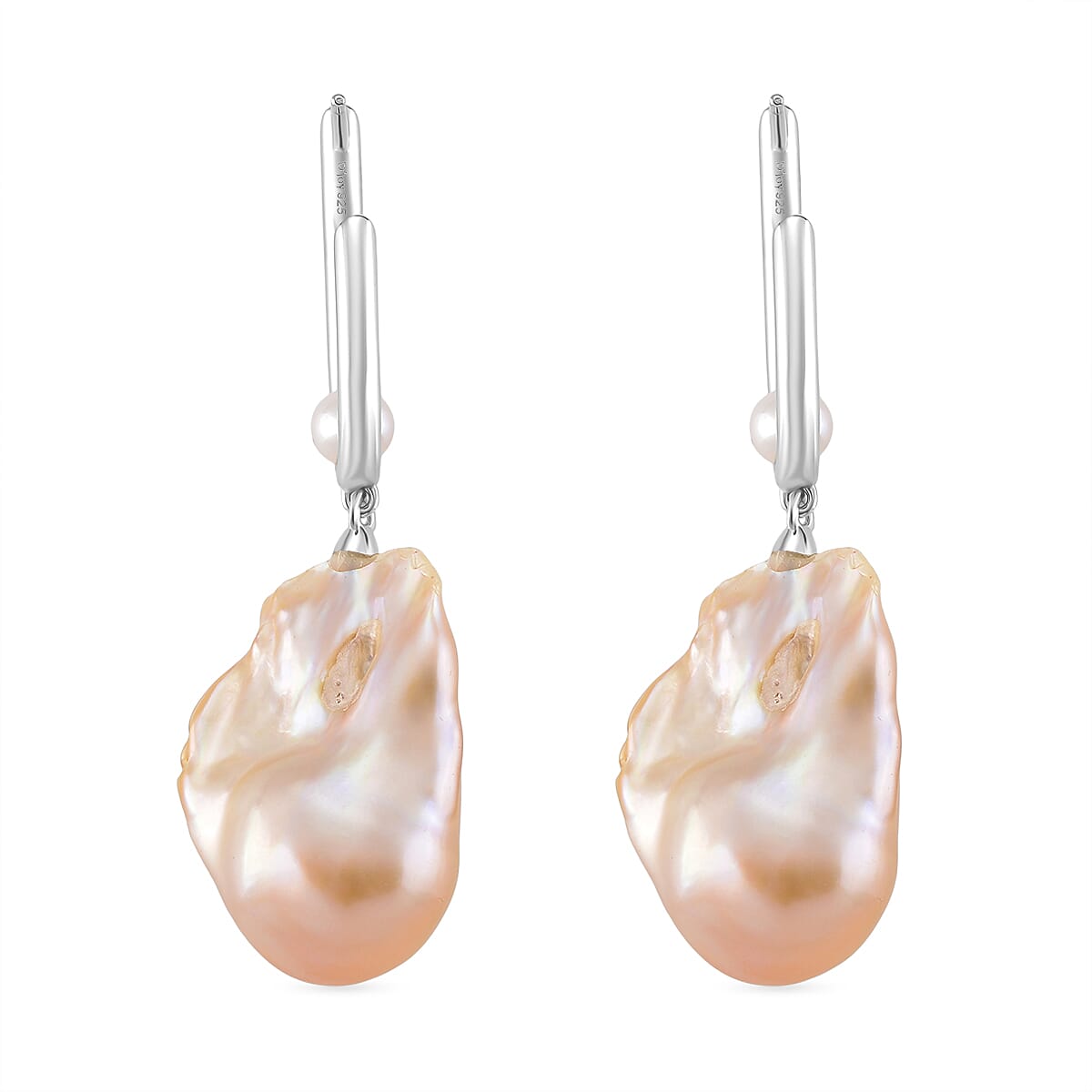 Peach Baroque Pearl & White Fresh Water Pearl Earring with Push Back in Rhodium Overlay Sterling Silver 72.16 Ct.