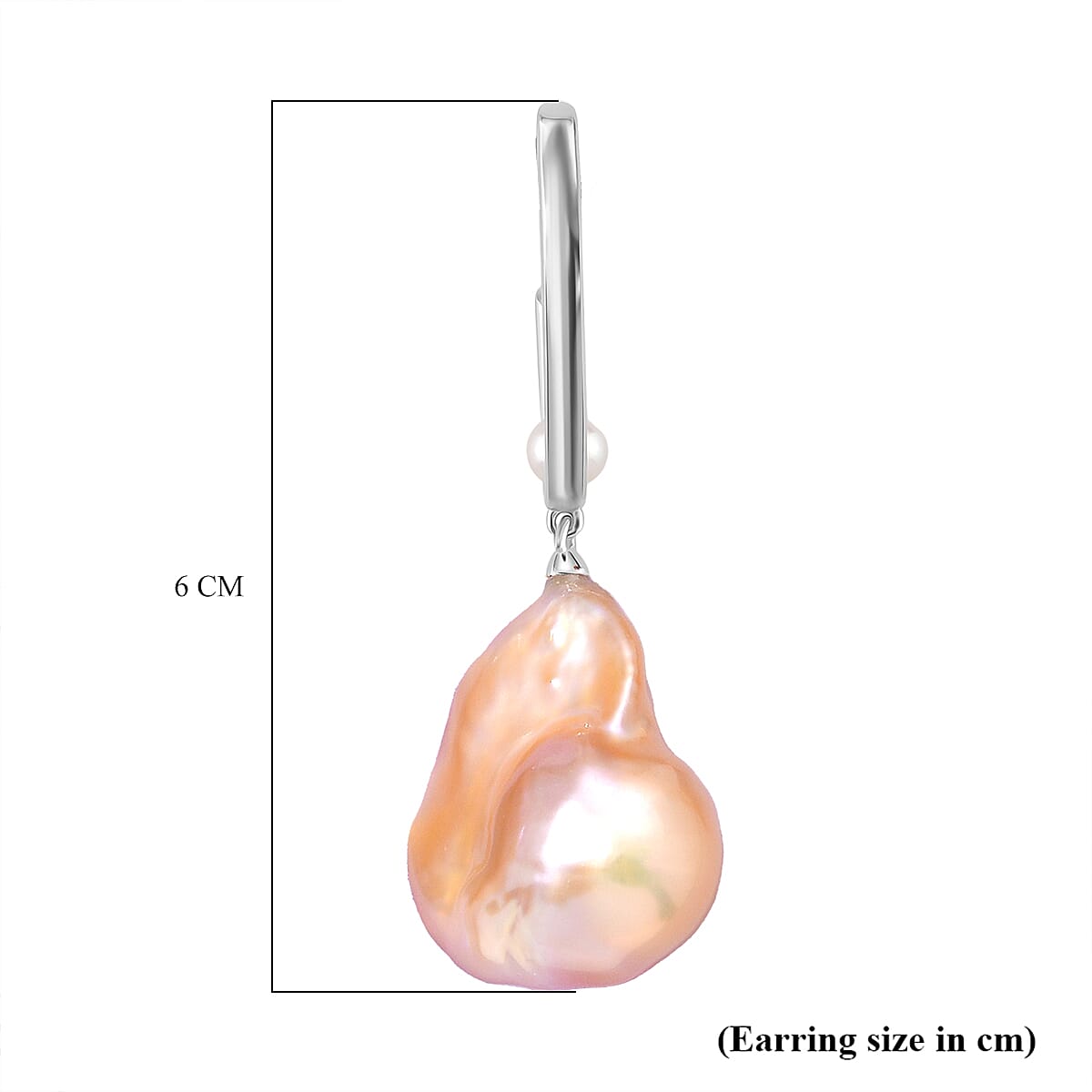 Peach Baroque Pearl & White Fresh Water Pearl Earring with Push Back in Rhodium Overlay Sterling Silver 72.16 Ct.