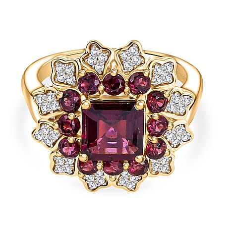 Djoy Rhodolite Garnet & White Zircon Ring in 18K Yellow Gold Plating Sterling Silver 3.67 Ct.