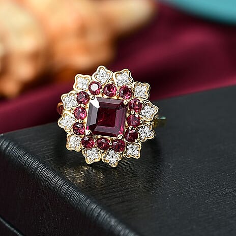Djoy Rhodolite Garnet & White Zircon Ring in 18K Yellow Gold Plating Sterling Silver 3.67 Ct.