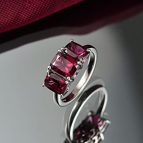 Djoy Orissa Rhodolite Garnet 3 Stone Ring in Platinum Overlay Sterling Silver 4.22 Ct.