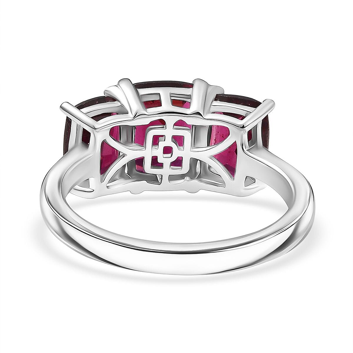 Djoy Orissa Rhodolite Garnet 3 Stone Ring in Platinum Overlay Sterling Silver 4.22 Ct. Djoy Orissa Rhodolite Garnet 3 Stone Ring in Platinum Overlay Sterling Silver 4.22 Ct.