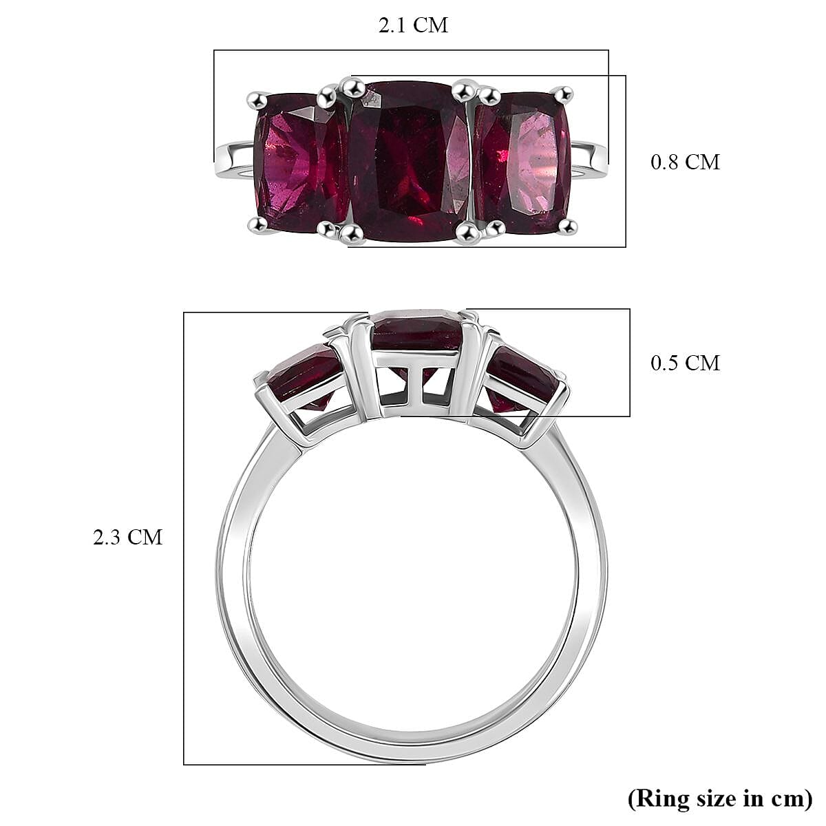 Djoy Orissa Rhodolite Garnet 3 Stone Ring in Platinum Overlay Sterling Silver 4.22 Ct. Djoy Orissa Rhodolite Garnet 3 Stone Ring in Platinum Overlay Sterling Silver 4.22 Ct.