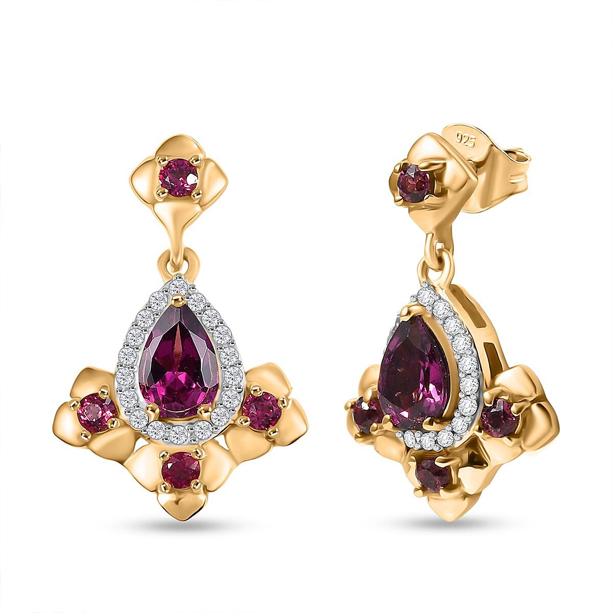 D'joy Orissa Rhodolite Garnet & White Zircon Dangling Earring with Push Back in 18K Yellow Gold Plating Sterling Silver 1.79 Ct.