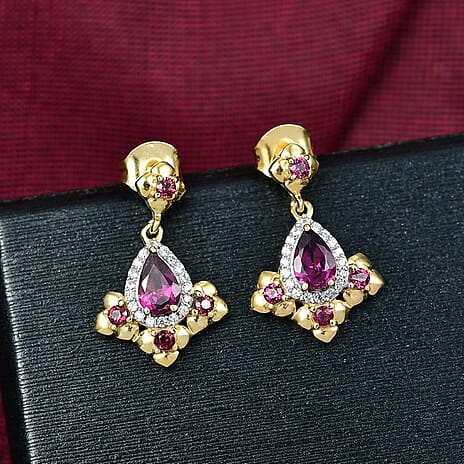 D'joy Orissa Rhodolite Garnet & White Zircon Dangling Earring with Push Back in 18K Yellow Gold Plating Sterling Silver 1.79 Ct.