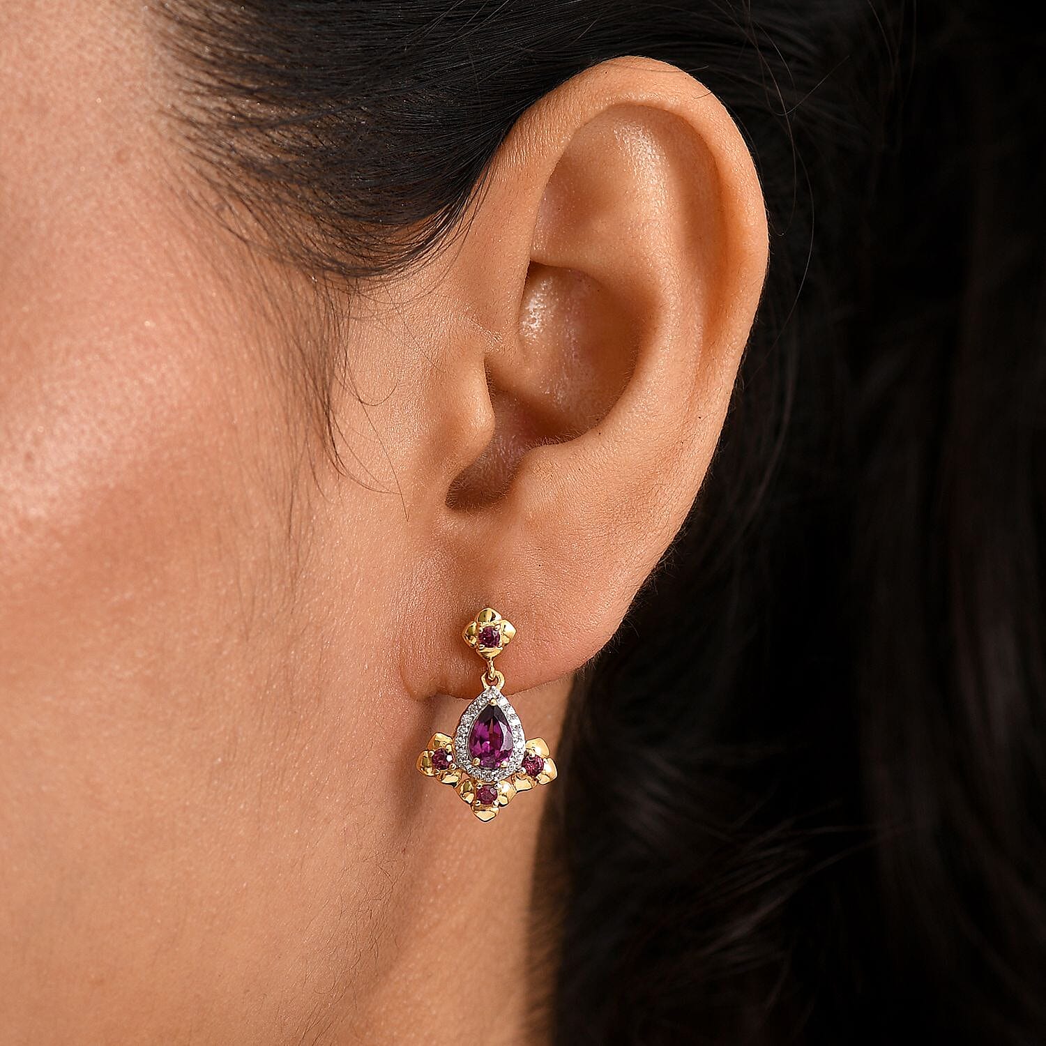 D'joy Orissa Rhodolite Garnet & White Zircon Dangling Earring with Push Back in 18K Yellow Gold Plating Sterling Silver 1.79 Ct.