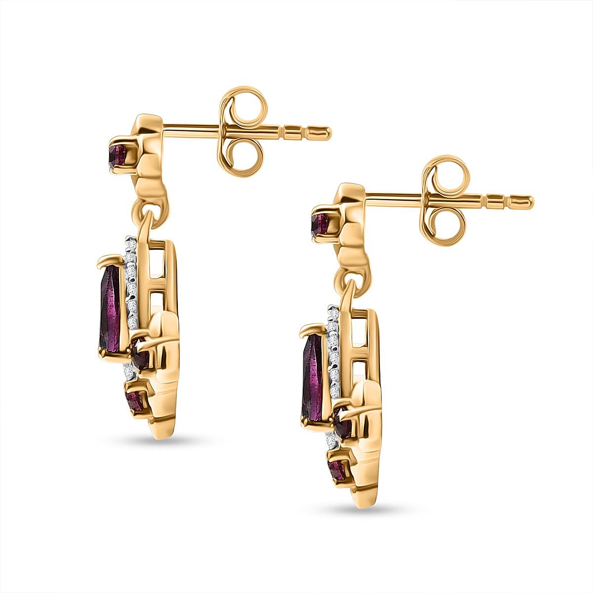 D'joy Orissa Rhodolite Garnet & White Zircon Dangling Earring with Push Back in 18K Yellow Gold Plating Sterling Silver 1.79 Ct.