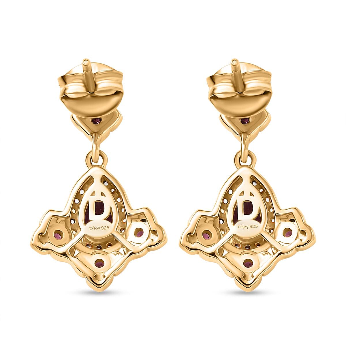 D'joy Orissa Rhodolite Garnet & White Zircon Dangling Earring with Push Back in 18K Yellow Gold Plating Sterling Silver 1.79 Ct.