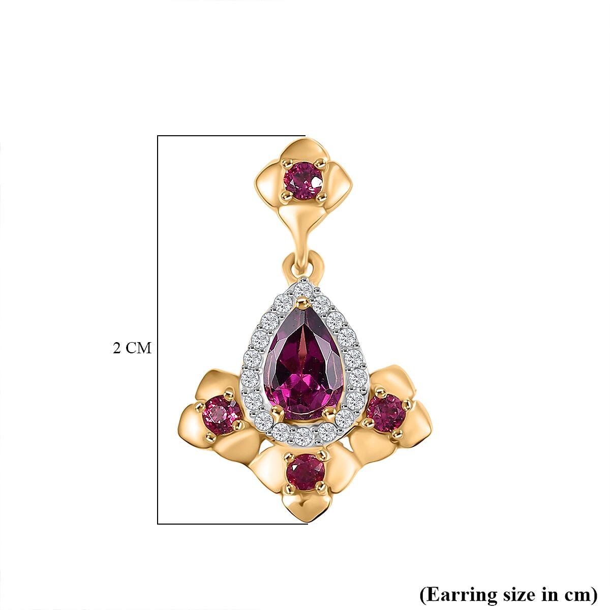 D'joy Orissa Rhodolite Garnet & White Zircon Dangling Earring with Push Back in 18K Yellow Gold Plating Sterling Silver 1.79 Ct.