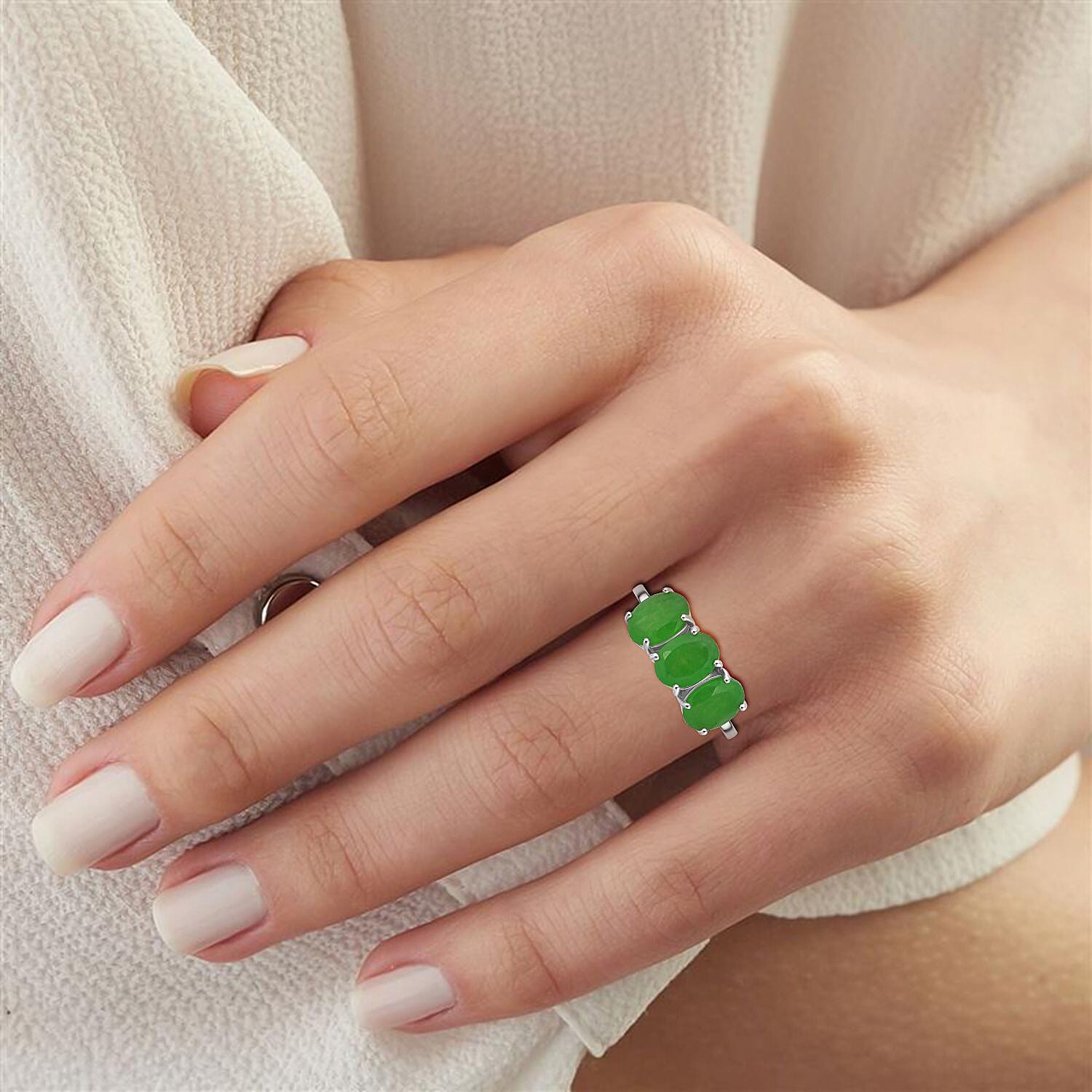 Close Out Deal- Enhanched Green Jade Ring in Rhodium Overlay Sterling Silver 3.32 Ct.