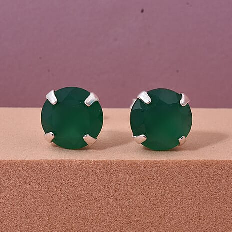 Green Onyx Earring with Push Back in Rhodium Overlay Sterling Silver 6.40 Ct.