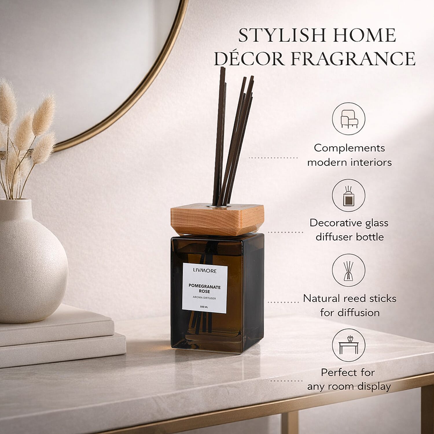 Livmore Aroma Diffuser With 8 Reed Sticks - Pomegranate Rose (500ML)