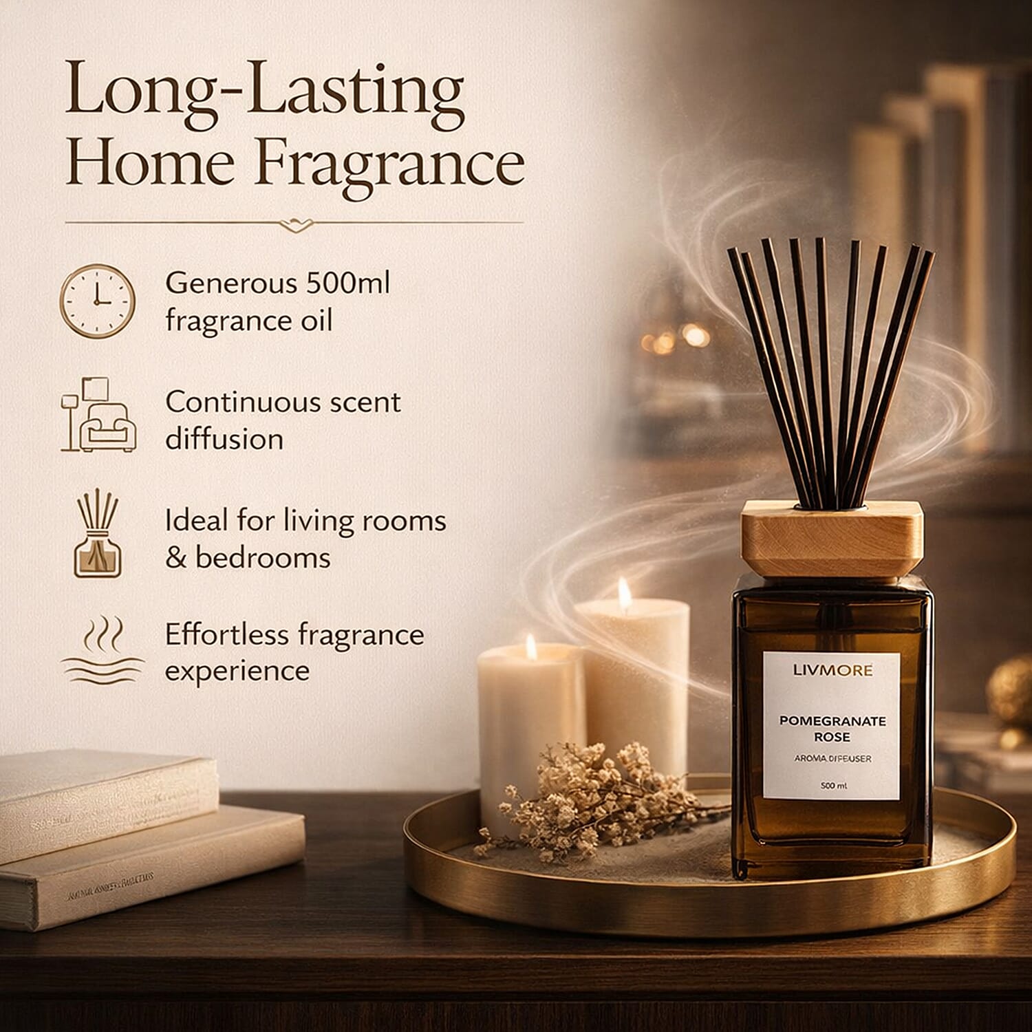 Livmore Aroma Diffuser With 8 Reed Sticks - Pomegranate Rose (500ML)