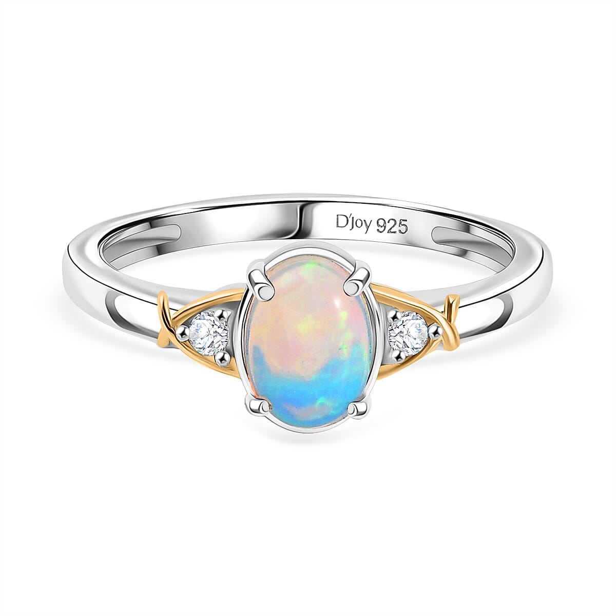 D'joy Ethiopian Opal & White Zircon Ring in Yellow Gold & Platinum Plating Sterling Silver