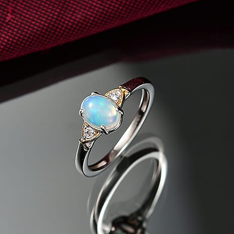 D'joy Ethiopian Opal & White Zircon Ring in Yellow Gold & Platinum Plating Sterling Silver