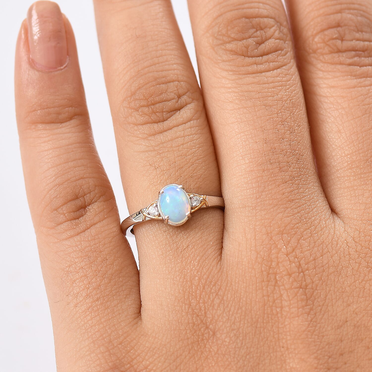 D'joy Ethiopian Opal & White Zircon Ring in Yellow Gold & Platinum Plating Sterling Silver