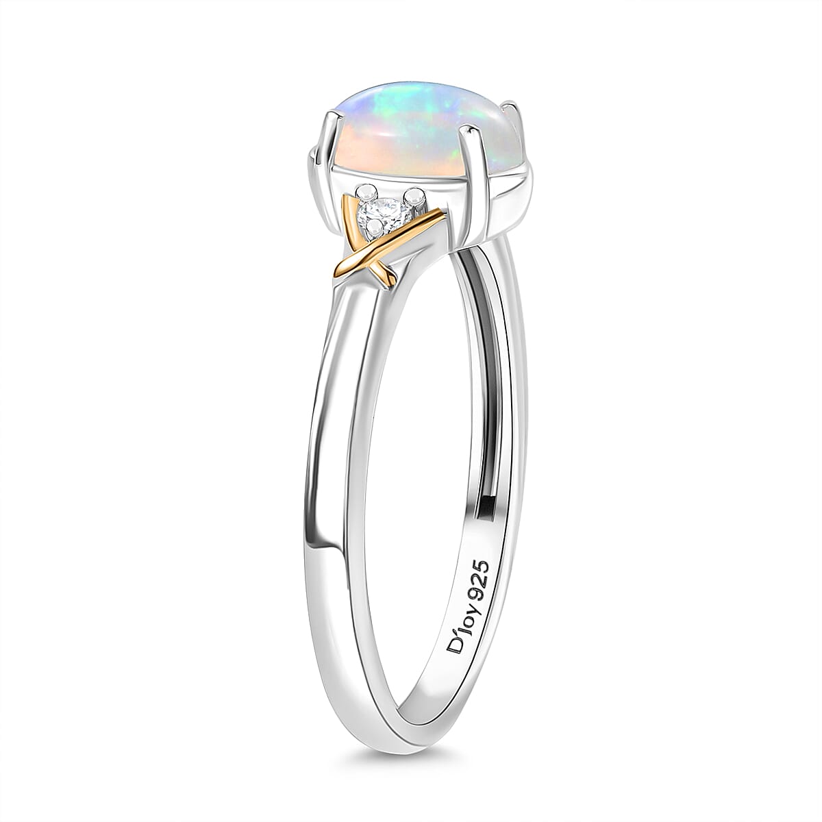D'joy Ethiopian Opal & White Zircon Ring in Yellow Gold & Platinum Plating Sterling Silver