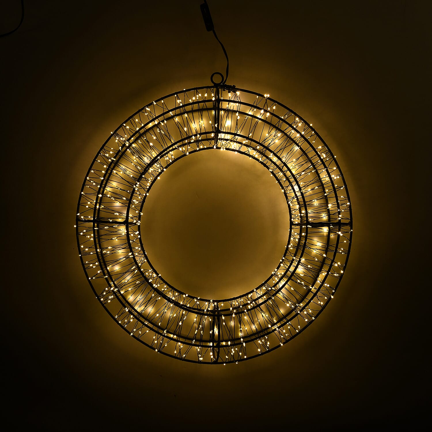 720L Warm White LED 3D Circle Christmas Light Decoration (38cm) - Indoor Hanging Ornament with Black Iron Frame