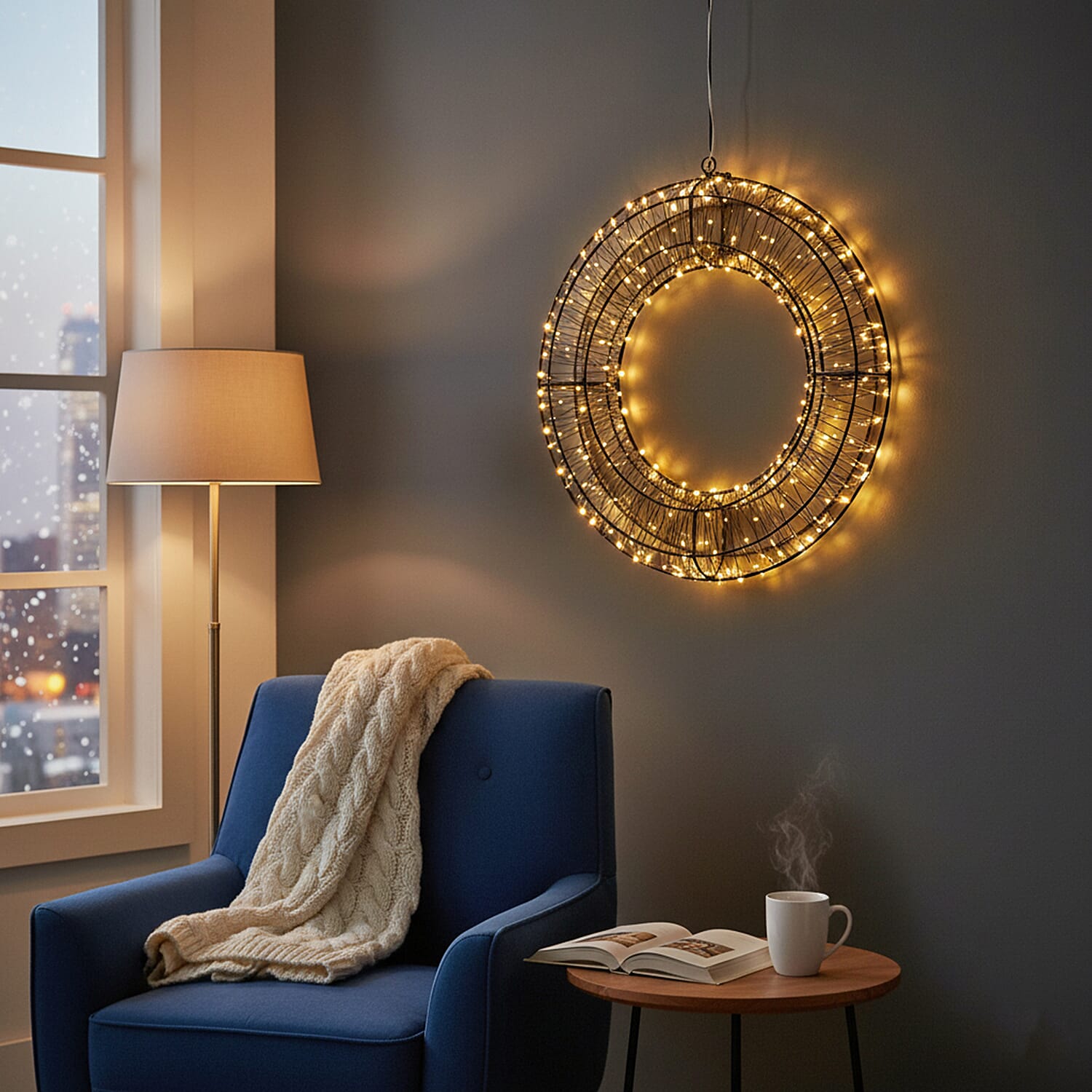 720L Warm White LED 3D Circle Christmas Light Decoration (38cm) - Indoor Hanging Ornament with Black Iron Frame