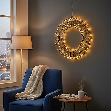 720L Warm White LED 3D Circle Christmas Light Decoration (38cm) - Indoor Hanging Ornament with Black Iron Frame