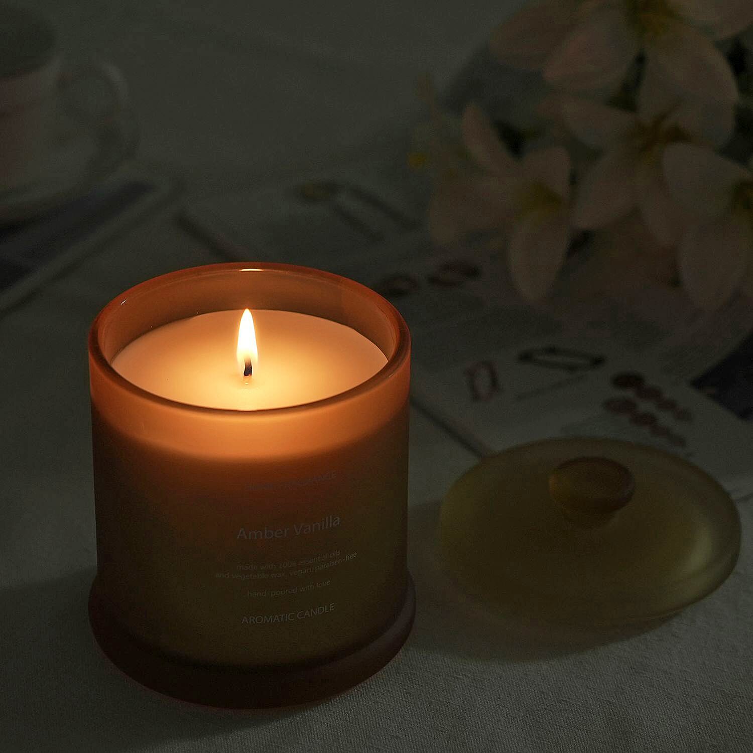 THE HOME LUXURY - Amber Vanilla Scent Glass Jar Soy Candle with Burn Time upto 55 Hours - Light Brown 370 grams