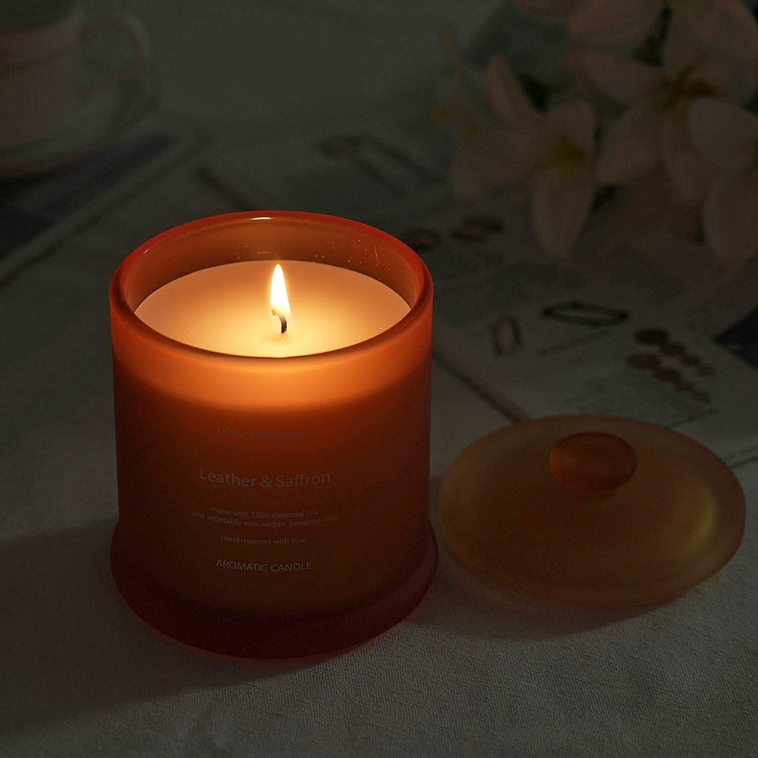 THE HOME LUXURY - Leather - Saffron Scent Glass Jar Soy Candle with Burn Time upto 55 Hours - Orange