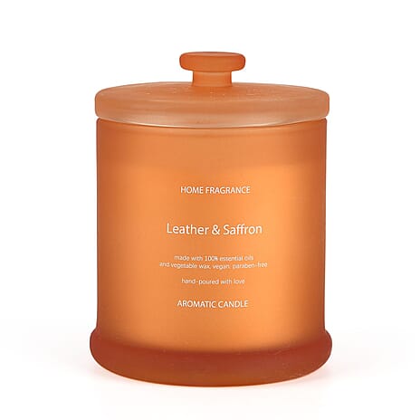THE HOME LUXURY - Leather - Saffron Scent Glass Jar Soy Candle with Burn Time upto 55 Hours - Orange