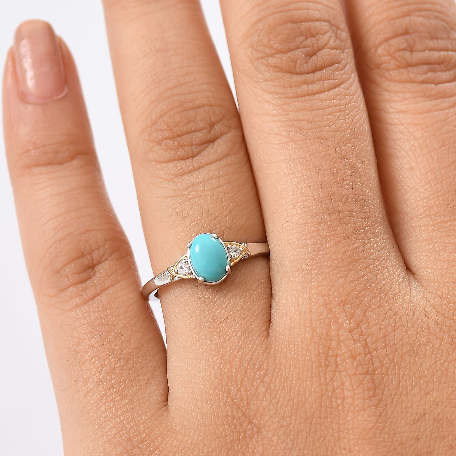 D'joy Lagoon Turquoise & White Zircon Ring in Yellow Gold & Platinum Plating Sterling Silver