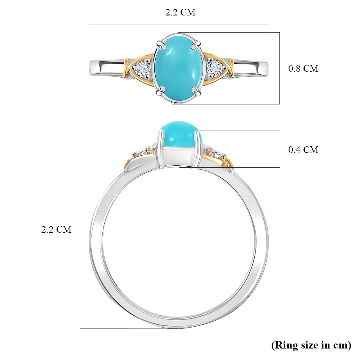 D'joy Lagoon Turquoise & White Zircon Ring in Yellow Gold & Platinum Plating Sterling Silver