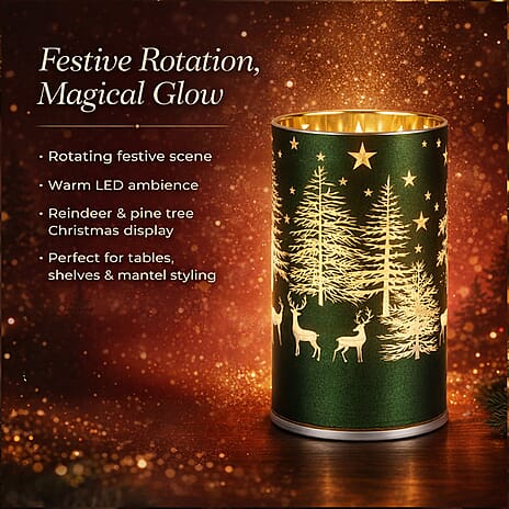 Reindeer & Pine Tree Scene Rotating LED Christmas Light Table Lamp - Green & Yellow