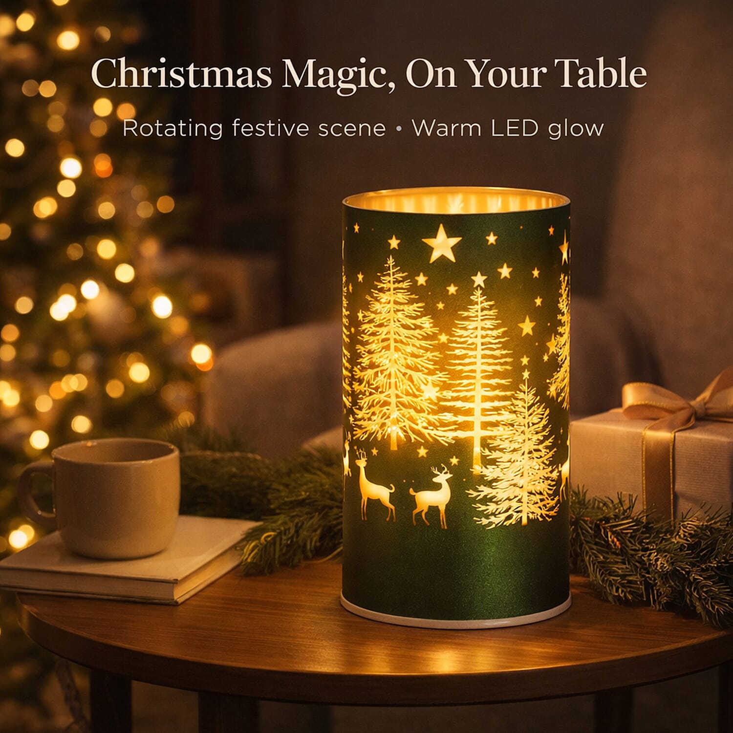 Reindeer & Pine Tree Scene Rotating LED Christmas Light Table Lamp - Green & Yellow